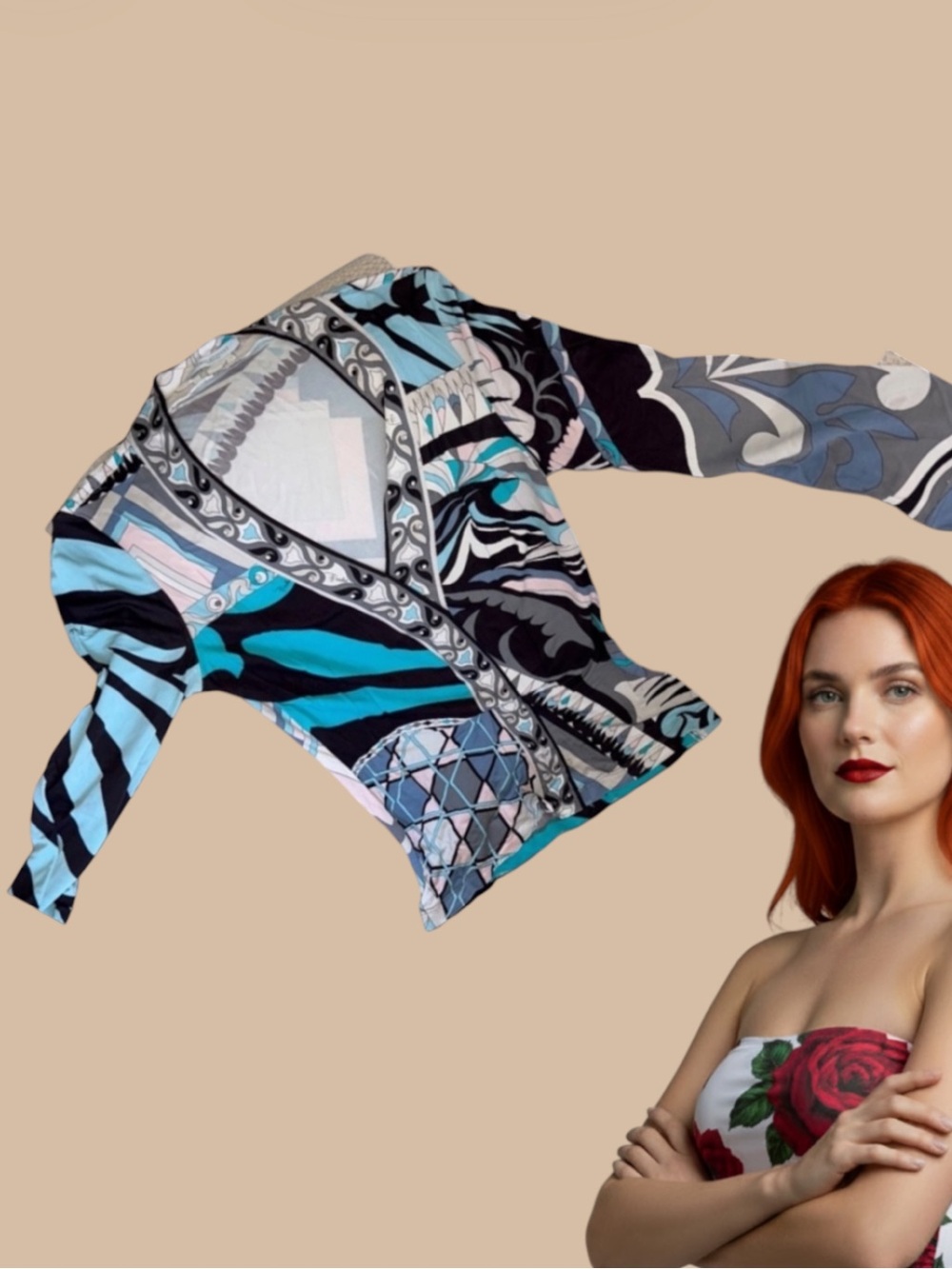 Emilio Pucci Multicolor Abstract V-Neck Top in Teal, Black & Light Blue